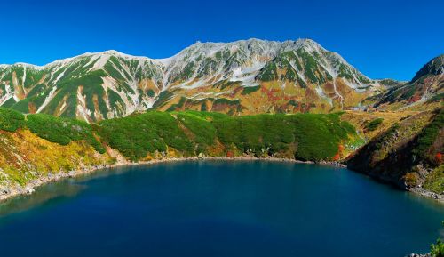 Vulkaninis Ežeras, Kalnuotas Kraštovaizdis, Ruduo, Tatejama, Šiaurės Alpės, Japonija