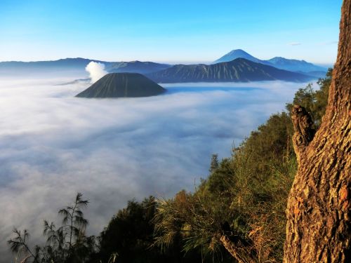 Vulkanas, Bromas, Indonezija, Debesys, Rūkas, Viršuje, Pagrindinis, Kraštovaizdis