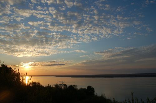 Upė, Volga, Saulėlydis, Dangus, Debesys, Gamta, Kraštovaizdis
