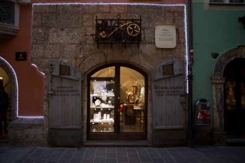 Laikrodininkas, Parduotuvė, Kalėdų Žiburiai, Architektūra, Istorinis, Sutemus, Innsbruck, Austria