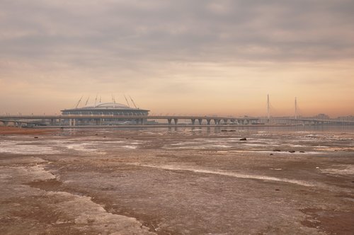 Vandens,  Papludimys,  Jūra,  Smėlis,  Dangus,  Sibur Arenos,  St Petersburg Rusija,  Rusija,  Bay,  Baltijos Jūra,  Sportas,  Arena