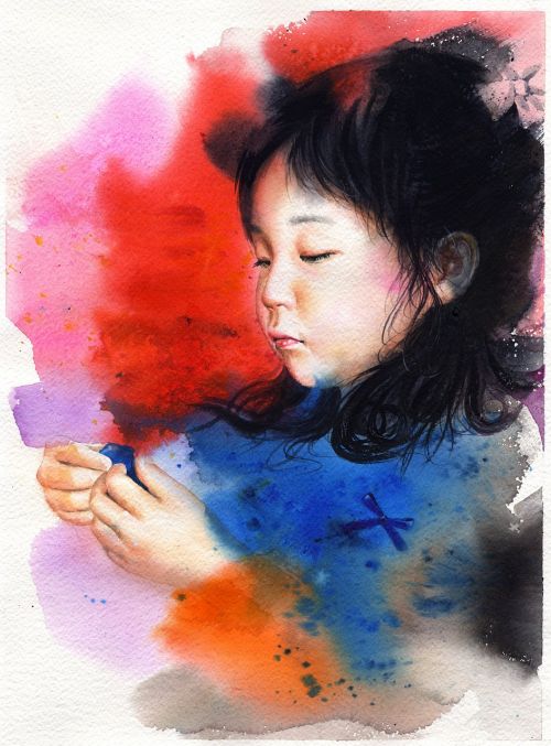 Akvarelės Portretas, Akvarelė, Portretai, Vaikai, Mergaitė, Liūdnas, Asian, Menas, Dažyti