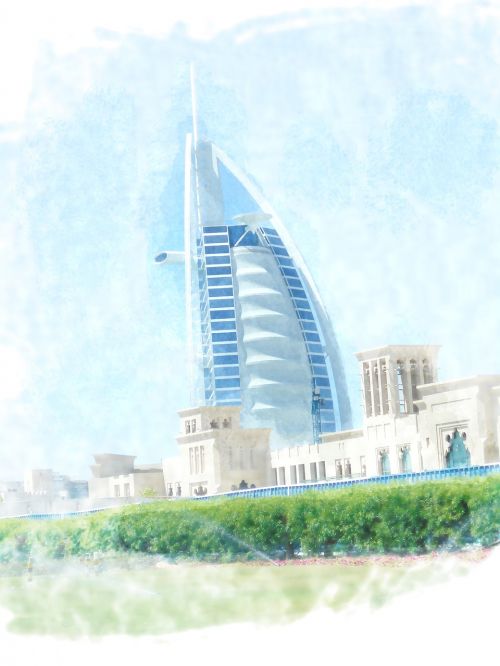 Akvarelė, Dubai, Burj Al Arab, Architektūra, Miestas, Panorama, Emiratai, Arabas, Pastatas, Dažyti, Uae, Akvarelės, Fonas