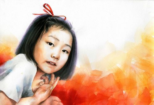 Akvarelės Portretas, Akvarelė, Menas, Darbai, Asian, Figūra, Portretai, Vaikai, Mergaitė
