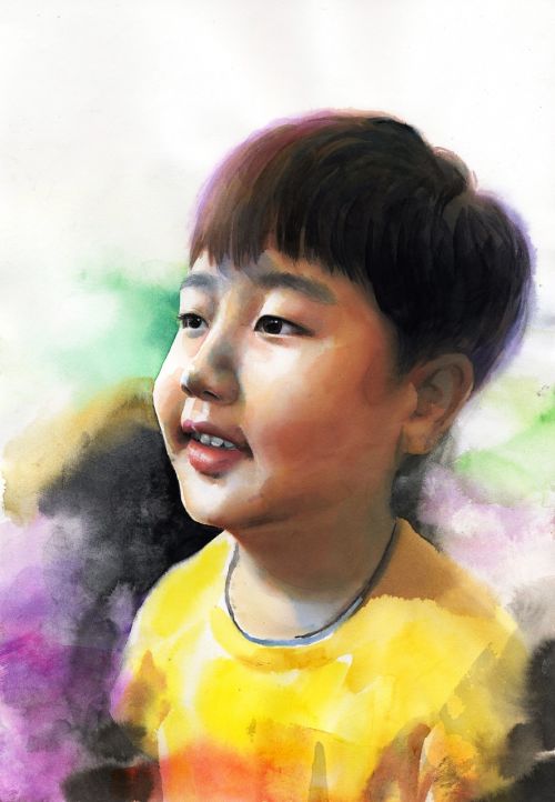 Akvarelės Portretas, Akvarelė, Menas, Darbai, Asian, Figūra, Portretai, Berniukas, Vaikai