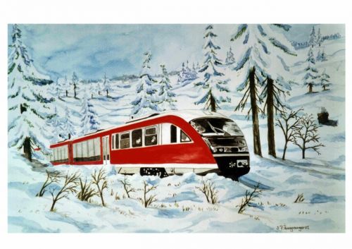 Akvarelė, Dažymas, Traukinys, Geležinkelis, Sniegas, Žiema