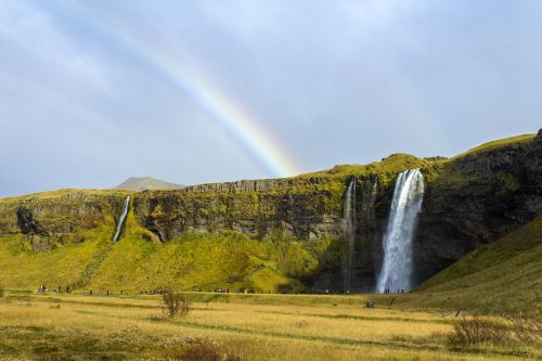 Krioklys, Iceland, Kraštovaizdis, Vaivorykštė, Natūralus, Žalias, Saulės Šviesa, Lietingas Oras, Seljalandsfoss