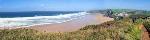 Watergate Bay, Cornwall, Įlanka, Anglija, Jūra, Watergate, Papludimys, Britanija, Kranto, Pakrantės, Šventė, Smėlis, Turistinis, Kraštovaizdis, Panorama