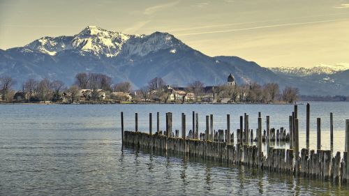 Vandenys,  Ežeras,  Panorama,  Atspindys,  Gamta,  Kraštovaizdis,  Sniegas,  Dangus,  Kalnas,  Panoraminis Vaizdas,  Kelionė,  Saulėlydis,  Lankytinos Vietos,  Vaizdingas,  Chiemsee,  Moteriškos Salos,  Bažnyčia,  Be Honoraro Mokesčio