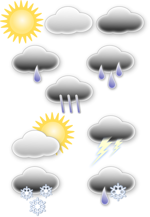Oras, Piktogramos, Debesis, Meteorologija, Lietus, Dušas, Sniegas, Sniegas, Saulė, Simboliai, Griauna, Nemokama Vektorinė Grafika