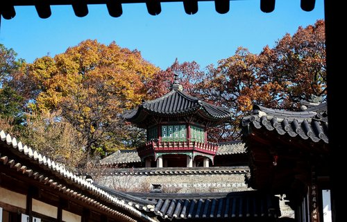 Vaizdas Pro Langą,  Uždraustasis Miestas,  Korėjos Respublika,  Changdeokgung,  Rudens Dangų,  Mono,  Tradicinis,  Seulas,  Už Tai