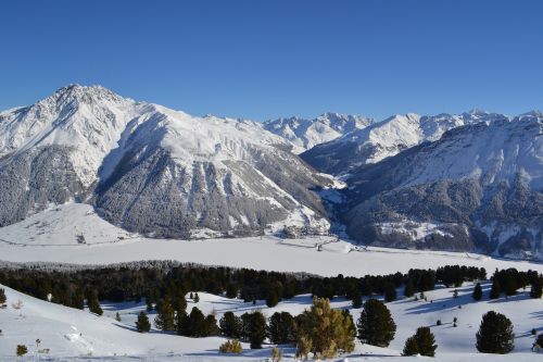 Žiema, South Tyrol, Traškus, Reschensee, Ežeras, Alpių, Kalnas, Kraštovaizdis, Dangus, Mėlynas