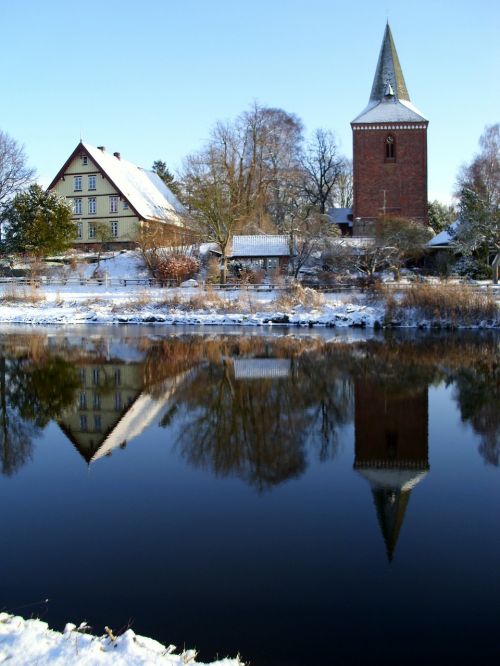 Žiema, Berkentinas, Bažnyčia, Pastorat, Veidrodis, Apmąstymai, Elbe Lübeck Kanalas, Vanduo