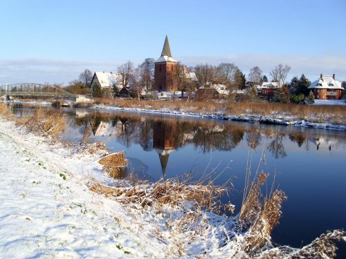 Žiema, Berkentinas, Bažnyčia, Elbe Lübeck Kanalas, Veidrodis, Apmąstymai, Vanduo