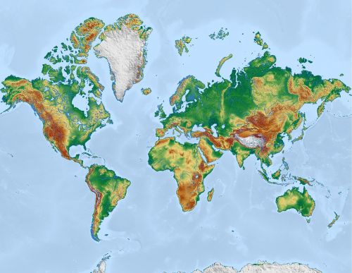 Pasaulis, Žemėlapis, Pasaulio Žemėlapis, Žemė, Mercator, Reljefo Žemėlapis, Žemynai, Mercatoriaus Projekcija, Visuotinis, Kartografija, Topografija