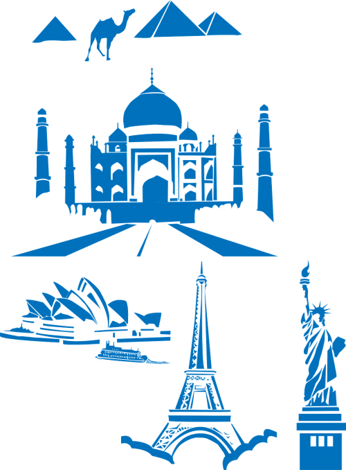 Pasaulis, Orientyrai, Taj Mahal, Indija, Eifelis, Bokštas, Paris, Sidnėjaus Operos Rūmai, Laisvės Statula, Piramidės, Egiptas, Architektūra, Paveldas, Paminklas, Turistinis, Kelionės Tikslas, Unesco, Istorinis, Eskizas, Sidnėjus, Nemokama Vektorinė Grafika