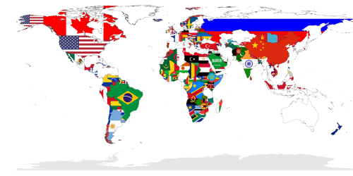 Pasaulis, Žemėlapis, Šalyse, Vėliavos, Tautos, Ekvivalentiškoji Projekcija, Geografija, Nemokama Vektorinė Grafika