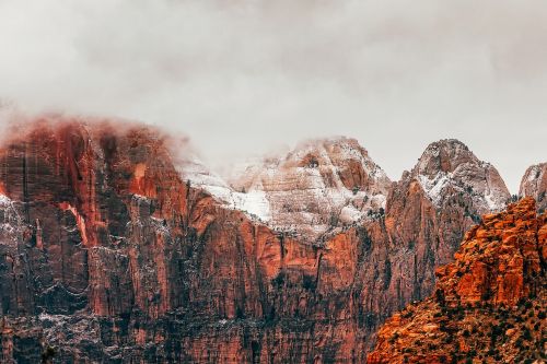 Sion Nacionalinis Parkas, Utah, Kraštovaizdis, Kalnai, Sniegas, Dangus, Debesys, Žiema, Šaltas, Lauke, Lauke