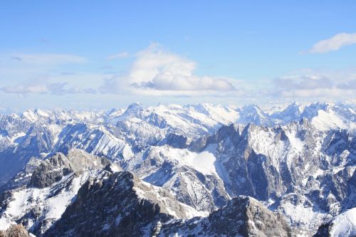 Zugspitze, Šventė, Vaizdas, Zugspitze Masyvas, Kalnų Peizažas, Vokietija, Panorama, Debesys, Perspektyva, Kraštovaizdis, Sniegas